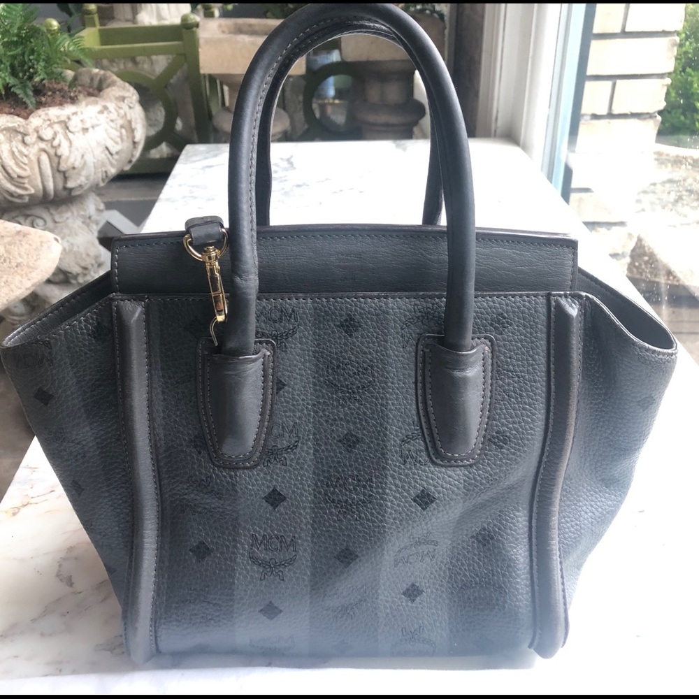 MCM small striped Visetos grey leather satchel
